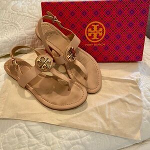 Tory Burch Tan Sandals with Gold Logo and Ankle Straps